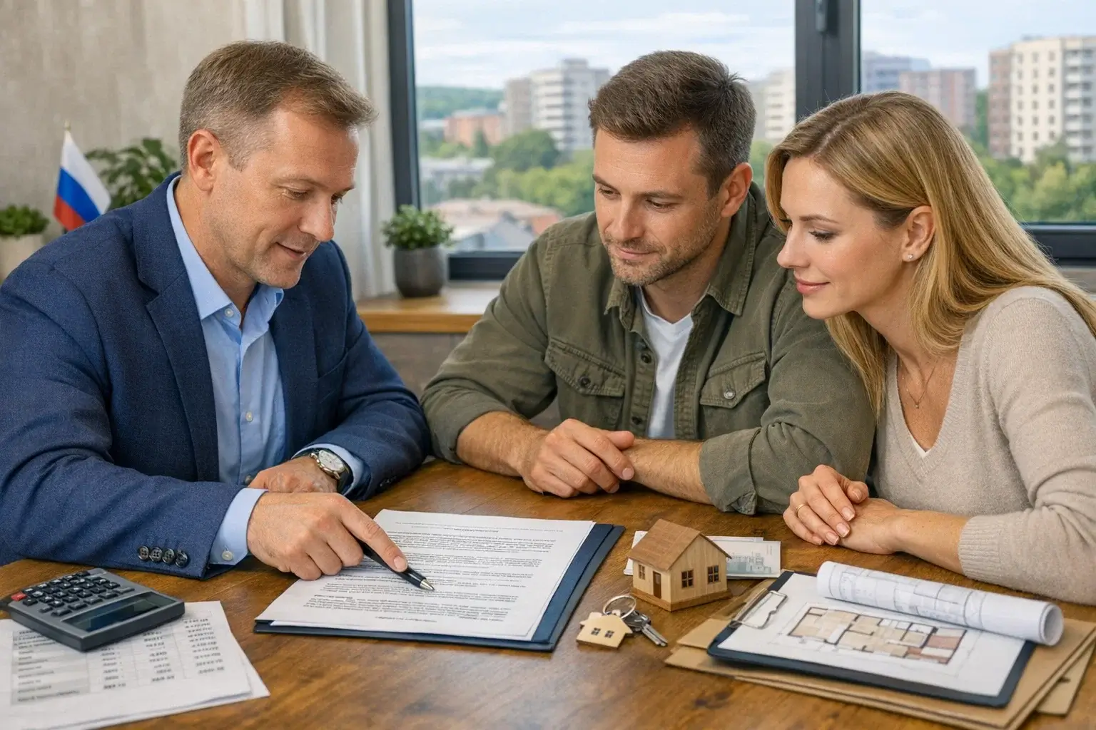 Эксперт по недвижимости объясняет клиенту договор купли-продажи в офисе