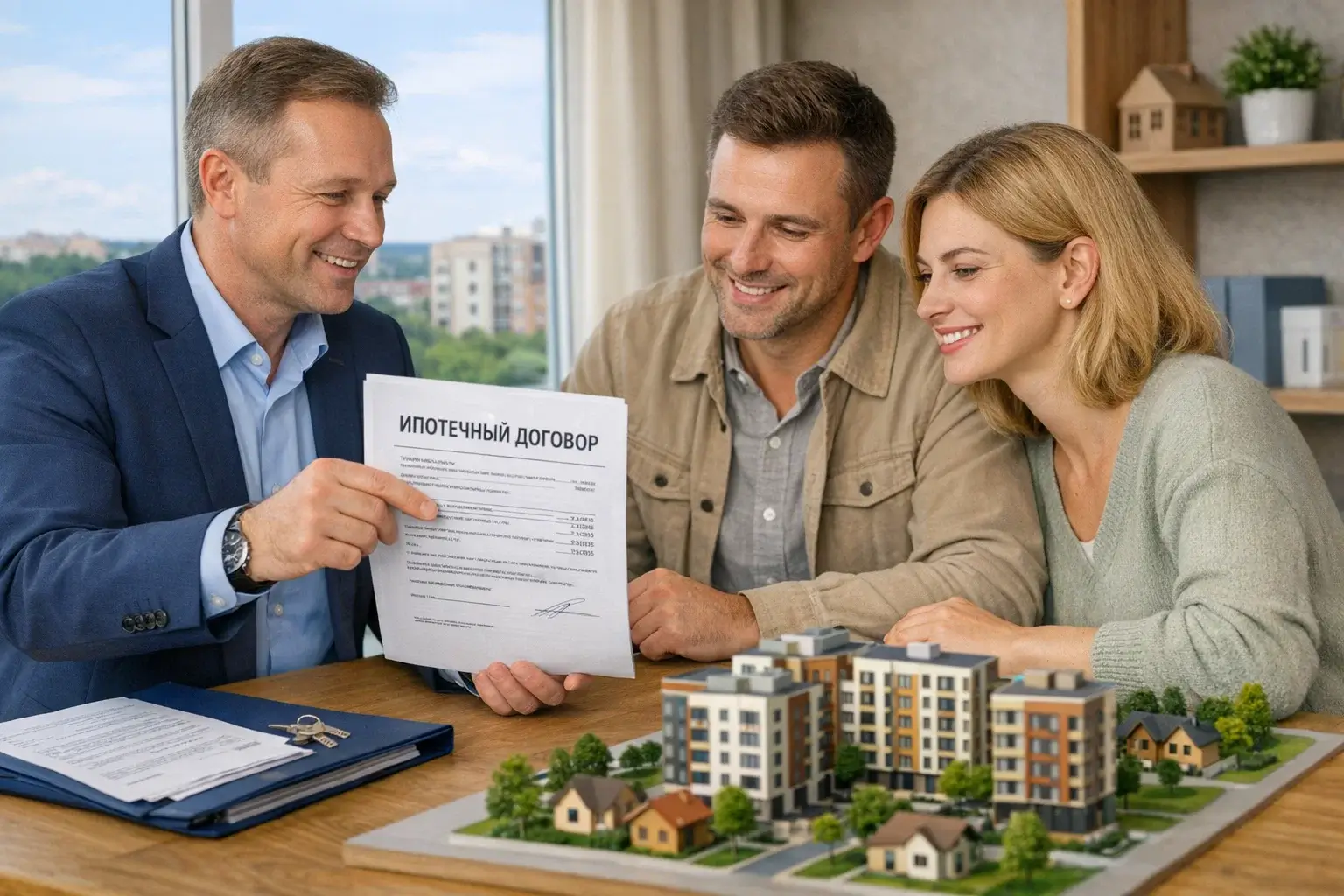 Эксперт по недвижимости объясняет документы рядом с макетом дома