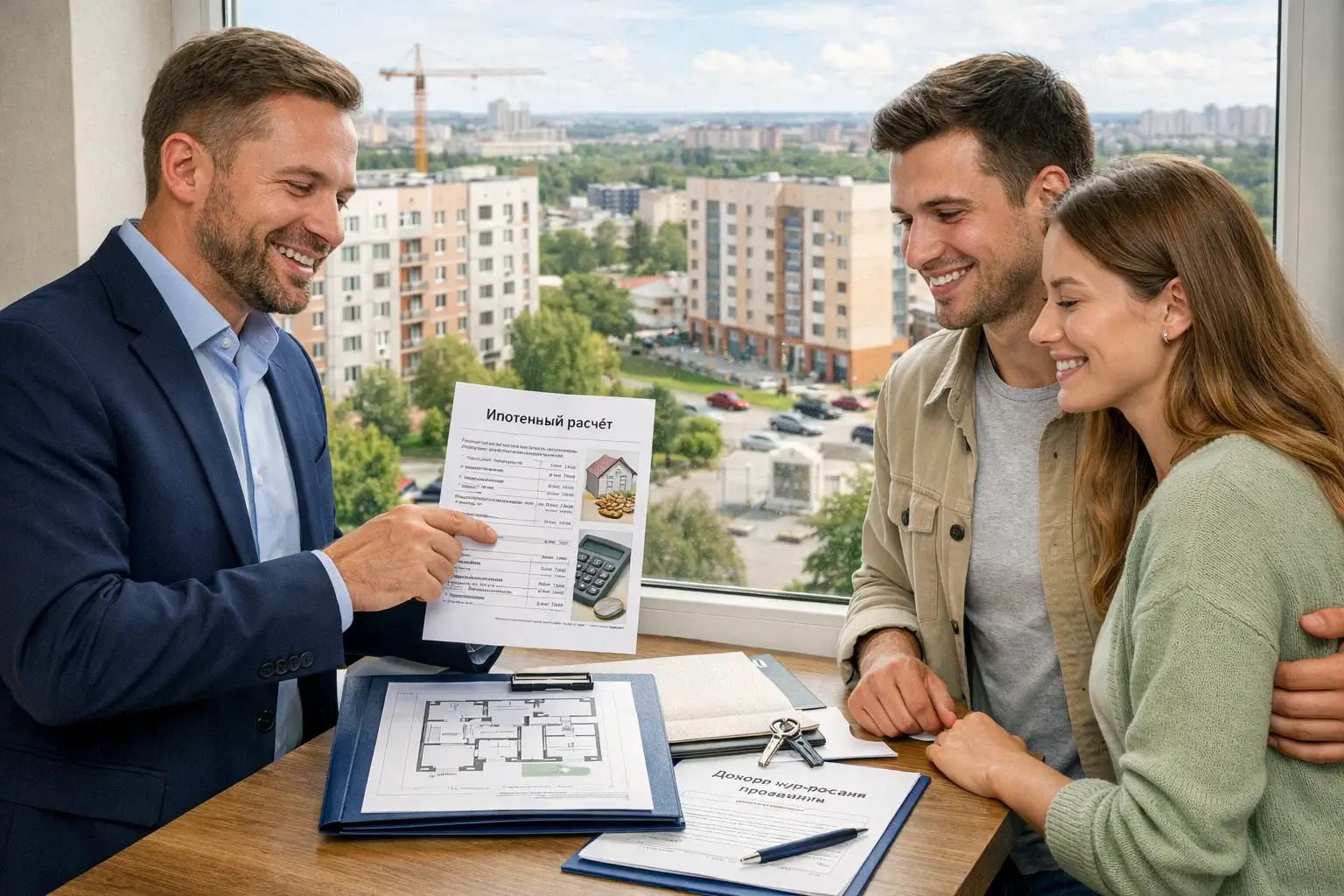 Эксперт по недвижимости консультирует пару по документам на квартиру